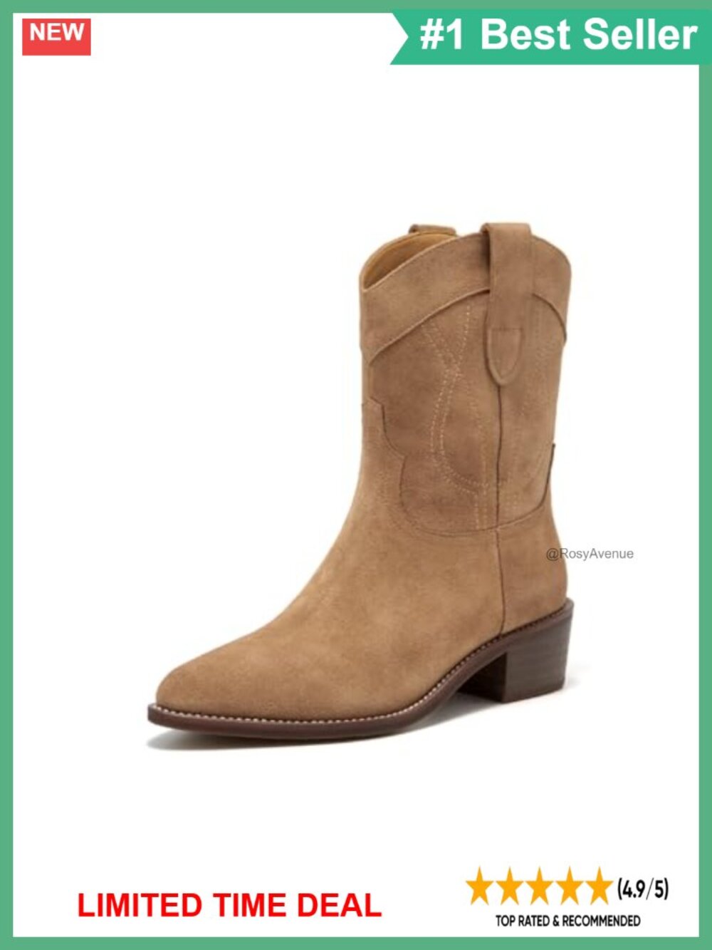 Women's Cow Suede Western Boots Pointed Toe Chunky Block Heel Mid-Calf